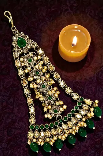 Antique gold plated green jhumar passa head jewellery