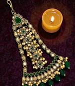 Antique gold plated green jhumar passa head jewellery
