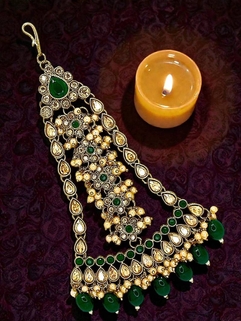 Antique gold plated green jhumar passa head jewellery