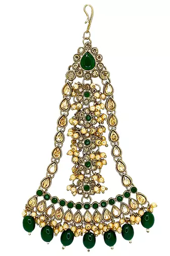 Antique gold plated green jhumar passa head jewellery