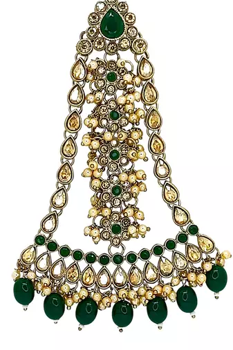 Antique gold plated green jhumar passa head jewellery