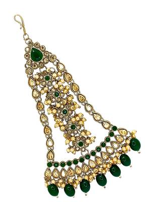 Antique gold plated green jhumar passa head jewellery 4