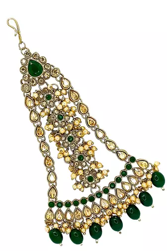 Antique gold plated green jhumar passa head jewellery