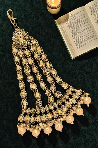 Antique gold plated champagne stone jhumar passa head jewellery
