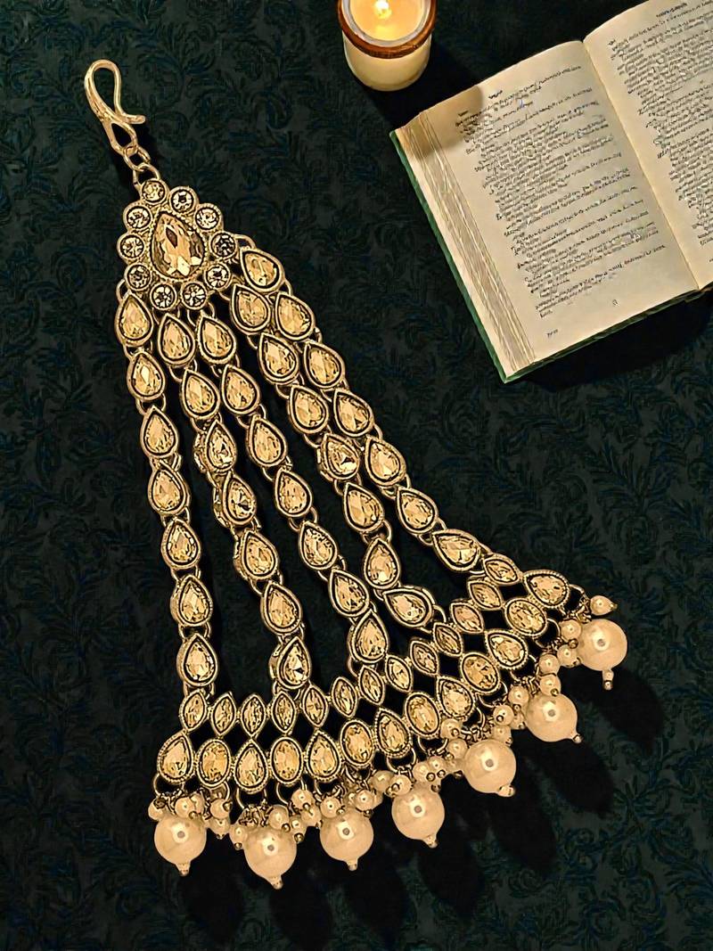 Antique gold plated champagne stone jhumar passa head jewellery