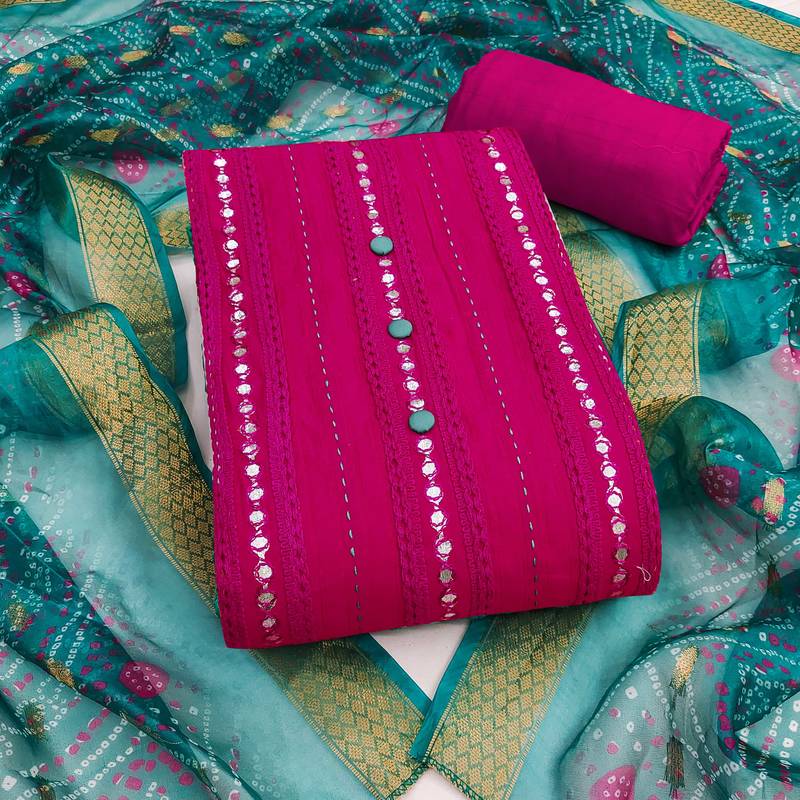 Pink embroidered cotton semi stitched churidar dress-materials
