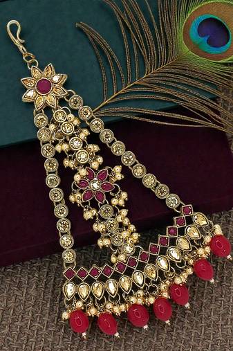 Antique gold plated champagne red stone jhumar passa head jewellery