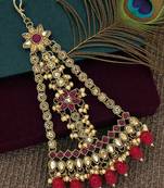 Antique gold plated champagne red stone jhumar passa head jewellery