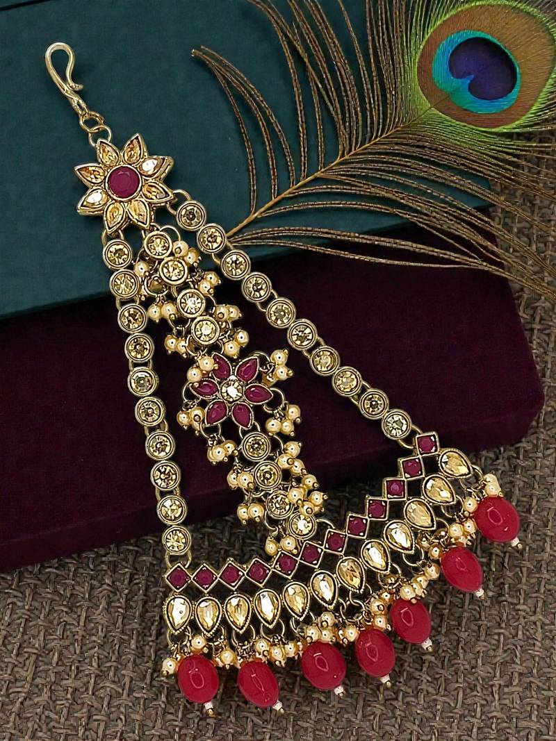 Antique gold plated champagne red stone jhumar passa head jewellery