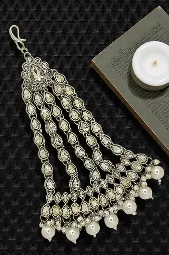 Silver plated crystal stone white jhumar passa head jewellery