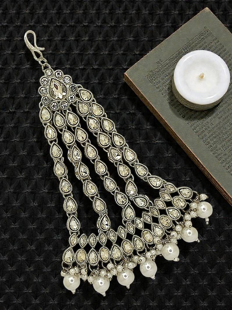 Silver plated crystal stone white jhumar passa head jewellery