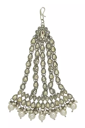 Silver plated crystal stone white jhumar passa head jewellery