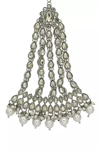 Silver plated crystal stone white jhumar passa head jewellery