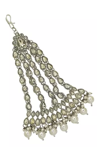 Silver plated crystal stone white jhumar passa head jewellery