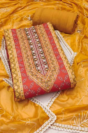 Multicolor embroidered cotton semi stitched churidar dress-materials