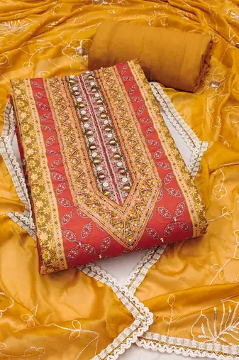 Multicolor embroidered cotton semi stitched churidar dress-materials