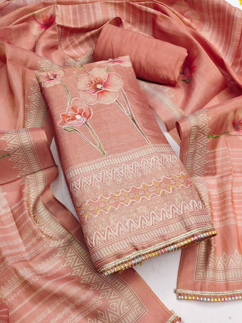 Peach embroidered cotton silk semi stitched churidar dress-materials