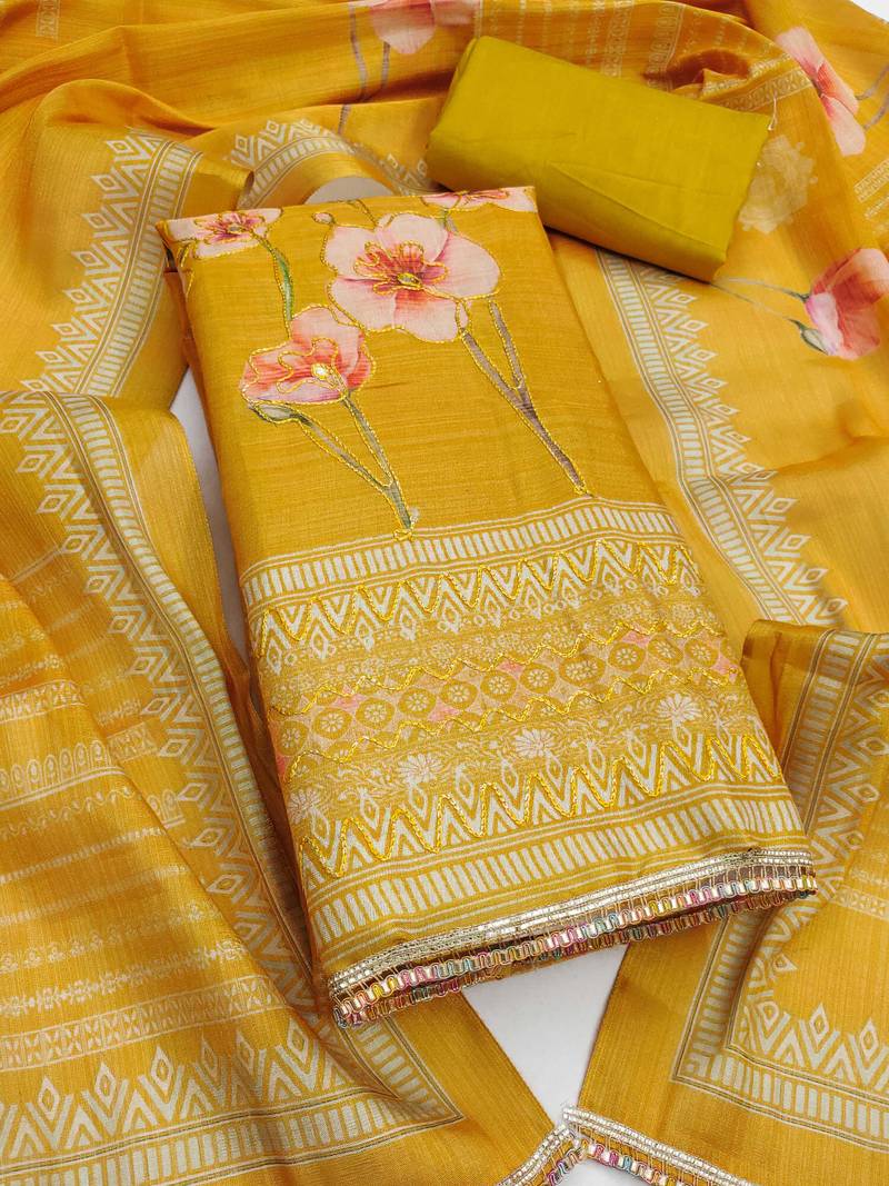 Mustard embroidered cotton silk semi stitched churidar dress-materials