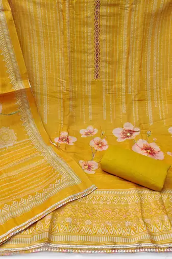 Mustard embroidered cotton silk churidar dress-materials