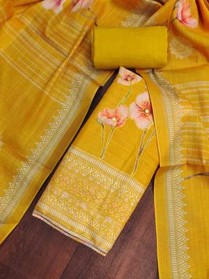 Mustard embroidered cotton silk churidar dress-materials 3