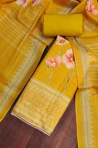 Mustard embroidered cotton silk churidar dress-materials