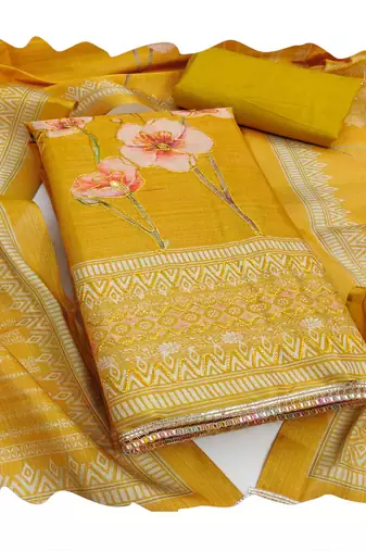 Mustard embroidered cotton silk churidar dress-materials