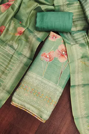 Sea-green embroidered cotton silk churidar dress-materials