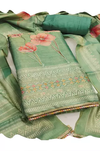 Sea-green embroidered cotton silk churidar dress-materials