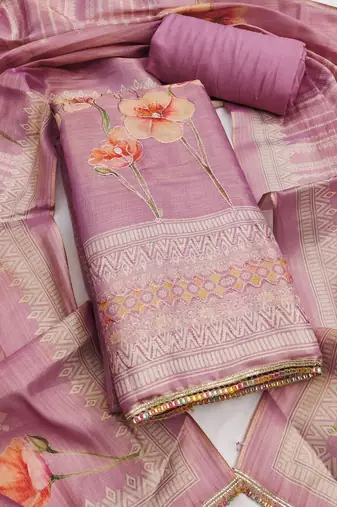 Lavender embroidered cotton silk semi stitched churidar dress-materials