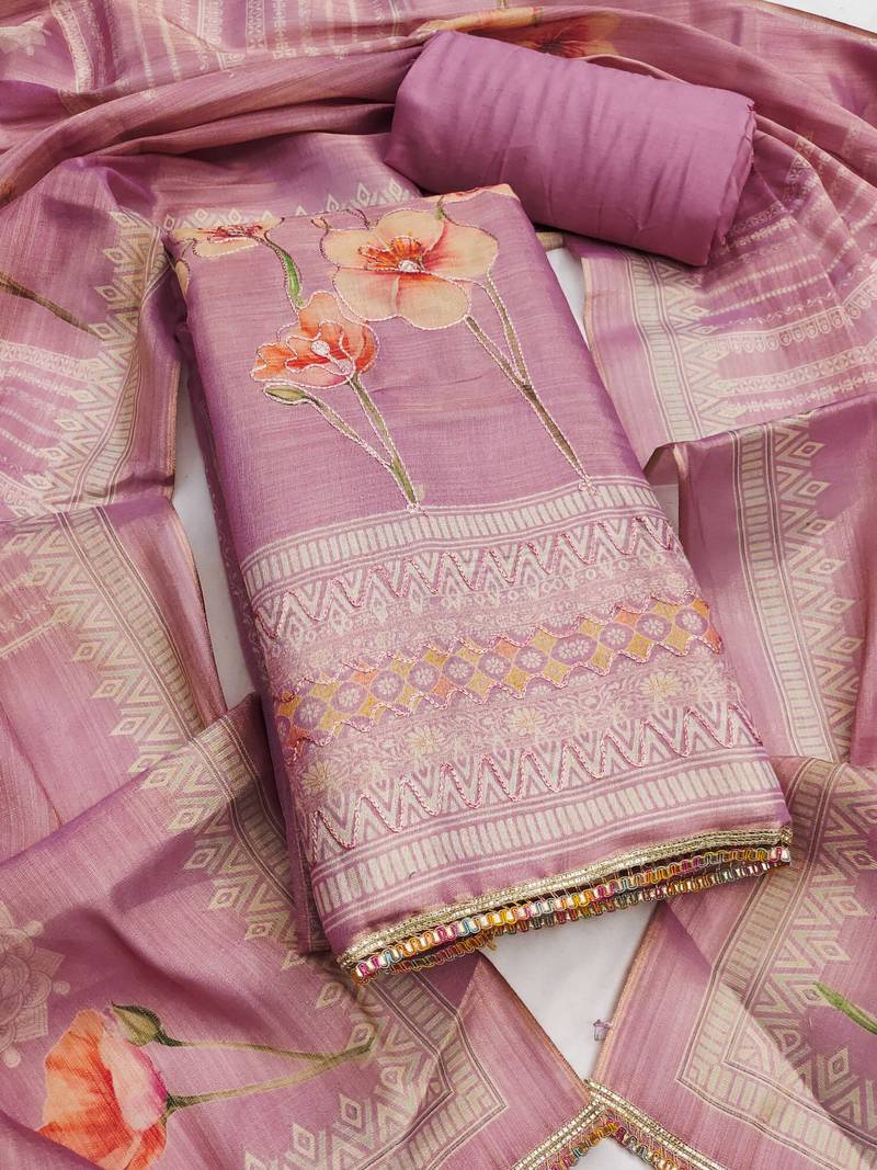 Lavender embroidered cotton silk semi stitched churidar dress-materials