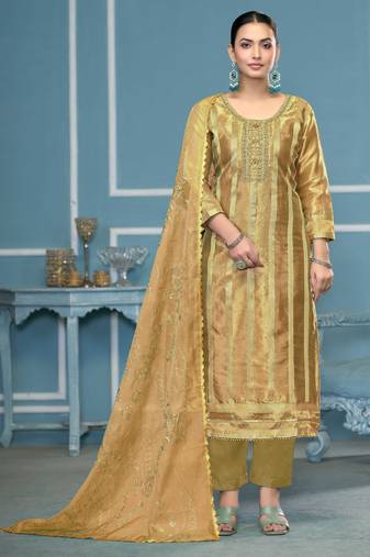 Olive woven organza semi stitched churidar dress-materials