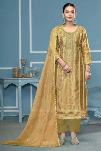 Olive woven organza semi stitched churidar dress-materials