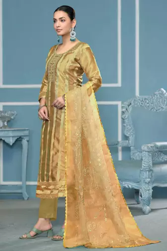 Olive woven organza churidar dress-materials