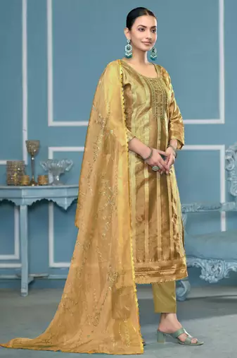 Olive woven organza churidar dress-materials