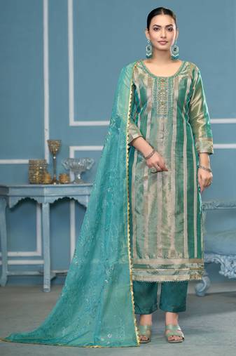 Sea-green woven organza semi stitched churidar dress-materials