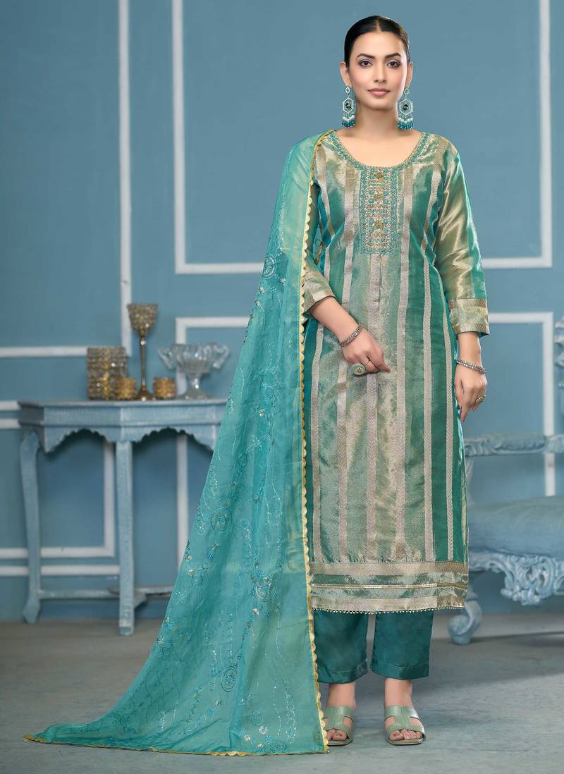 Sea-green woven organza semi stitched churidar dress-materials