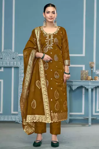 Mustard woven banarasi semi stitched churidar dress-materials