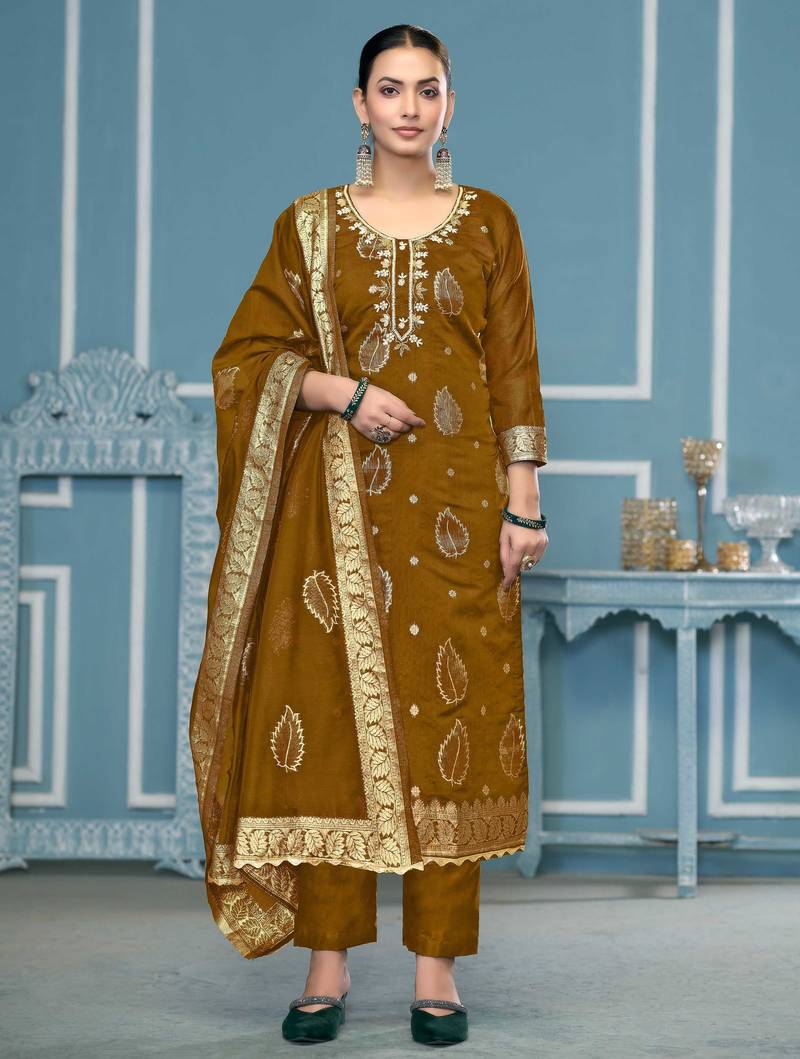 Mustard woven banarasi semi stitched churidar dress-materials