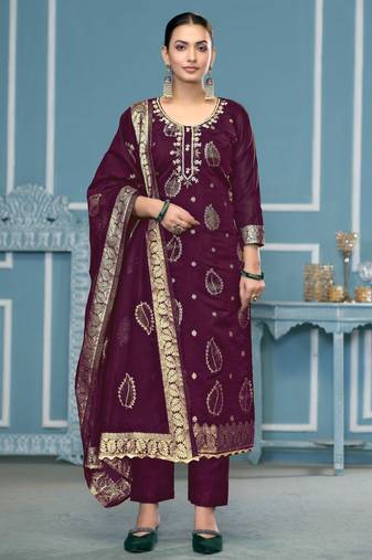Purple woven banarasi semi stitched churidar dress-materials