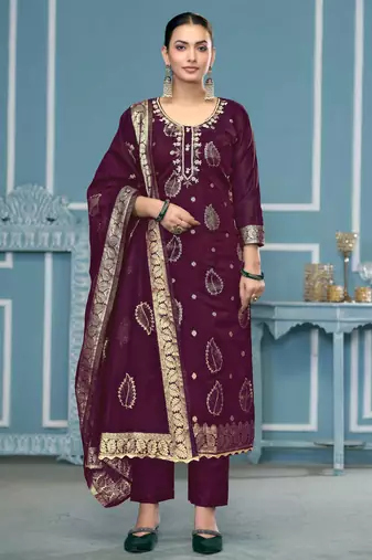 Purple woven banarasi semi stitched churidar dress-materials