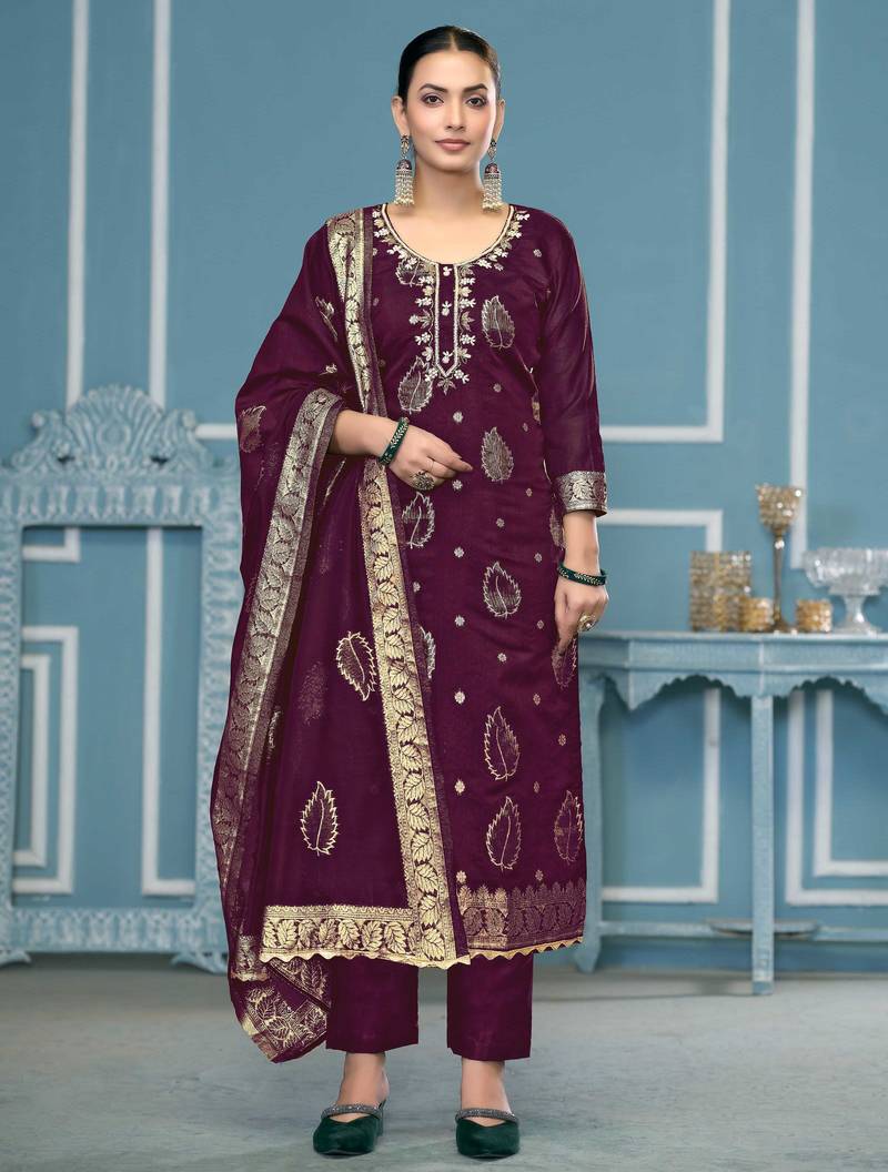 Purple woven banarasi semi stitched churidar dress-materials