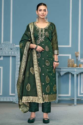 Green woven banarasi semi stitched churidar dress-materials