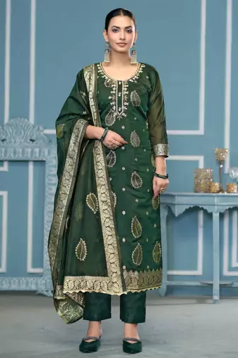 Green woven banarasi semi stitched churidar dress-materials
