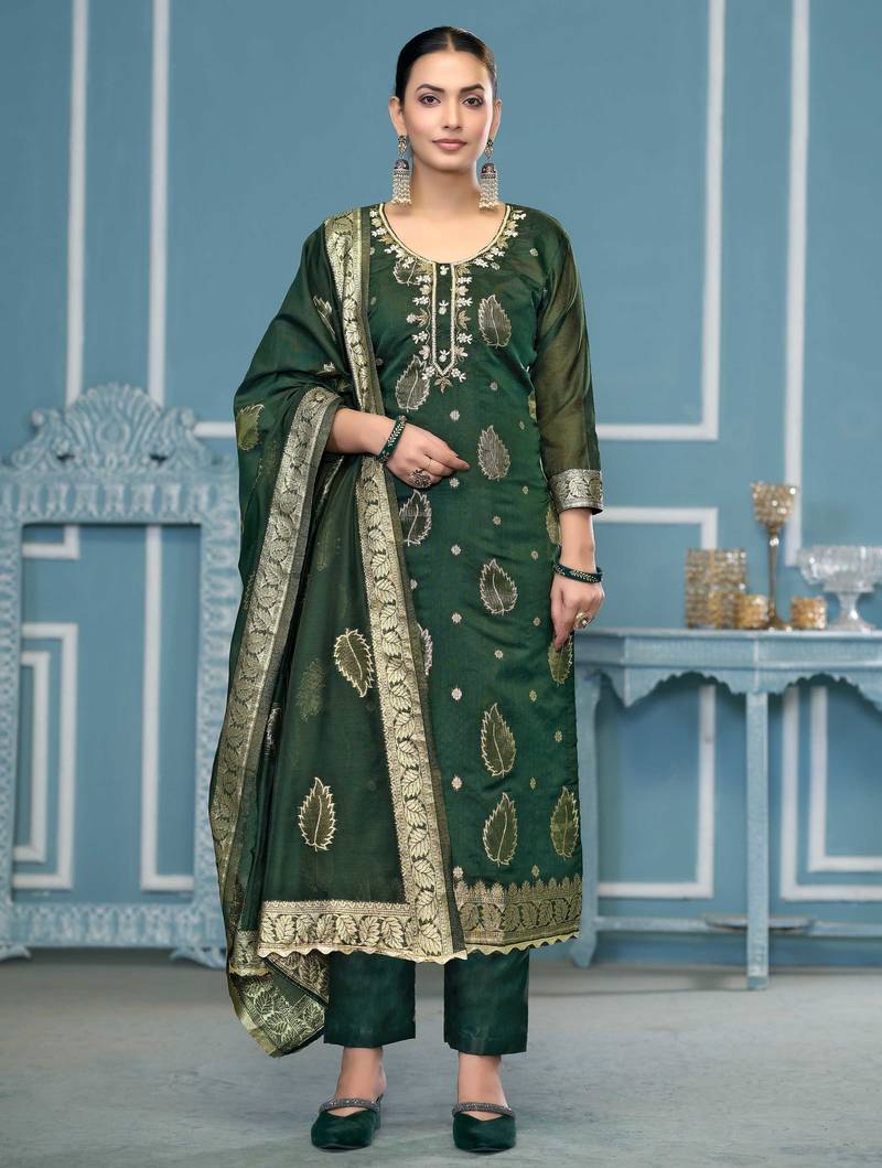 Green woven banarasi semi stitched churidar dress-materials