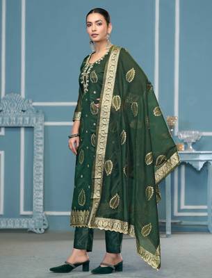 Green woven banarasi churidar dress-materials 2