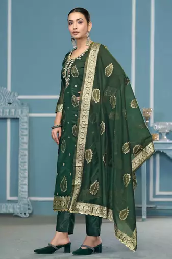 Green woven banarasi churidar dress-materials