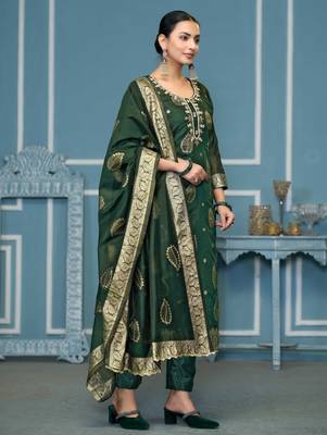 Green woven banarasi churidar dress-materials 4