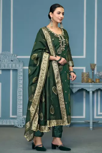 Green woven banarasi churidar dress-materials