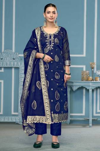 Navy-blue woven banarasi semi stitched churidar dress-materials