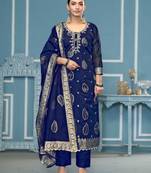 Navy-blue woven banarasi semi stitched churidar dress-materials